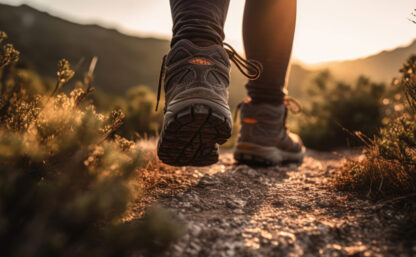 Man hiking up a mountain trail with a close-up of his leather hiking boots. The hiker shown in motion, with one foot lifted off the ground and the other planted on the mountain trail. Generative AI