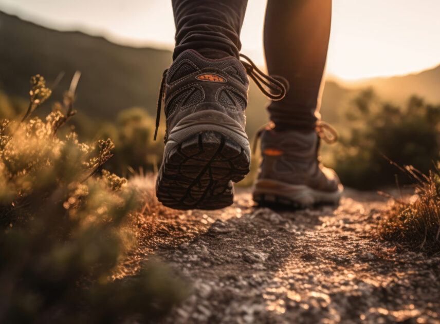 Man hiking up a mountain trail with a close-up of his leather hiking boots. The hiker shown in motion, with one foot lifted off the ground and the other planted on the mountain trail. Generative AI