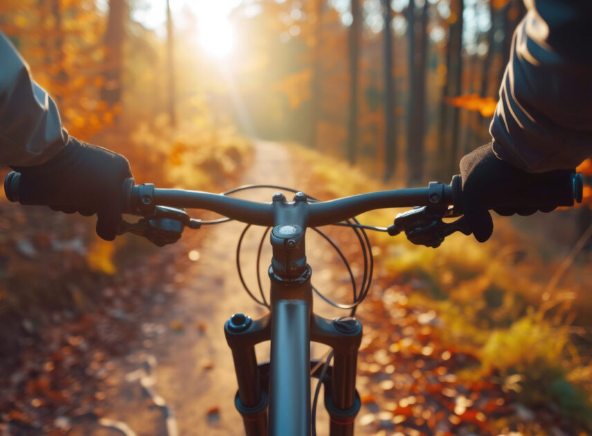Mountain biker riding bicycle in the mountain trial, outdoor cycling sport